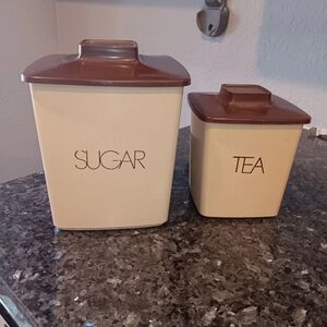 Vintage Kitchen Canister Set Sugar Tea Organizer Brown Tan Wirh Lids 70's